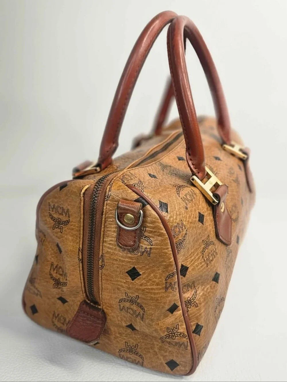 Authentic MCM Monogram Visetos Cognac Boston Satchel Handbag